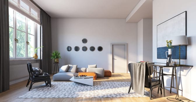interior of modern bright room with white walls, 3d rendering