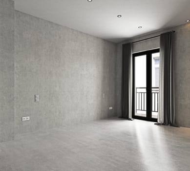 Interior of empty room with white walls, concrete floor and black door. 3d rendering