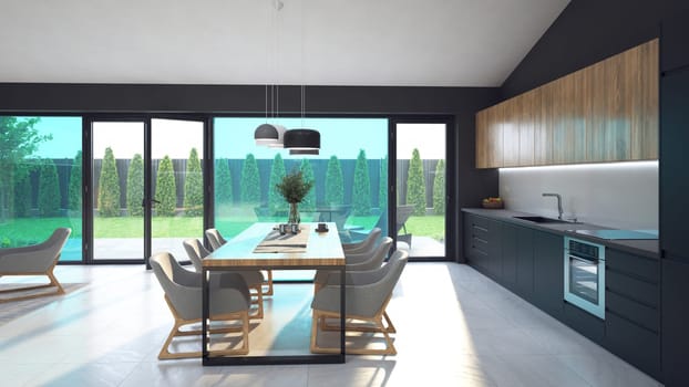 3d Illustration of modern kitchen in a house with a beautiful design