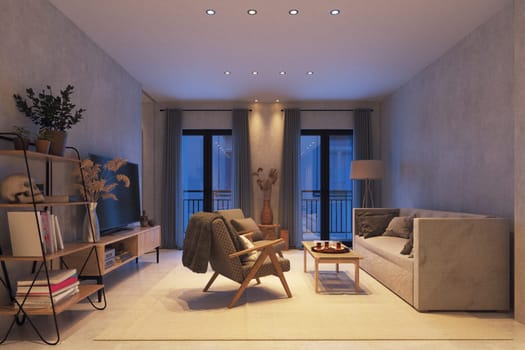 Modern living room interior design. 3d rendering mock up illustration.