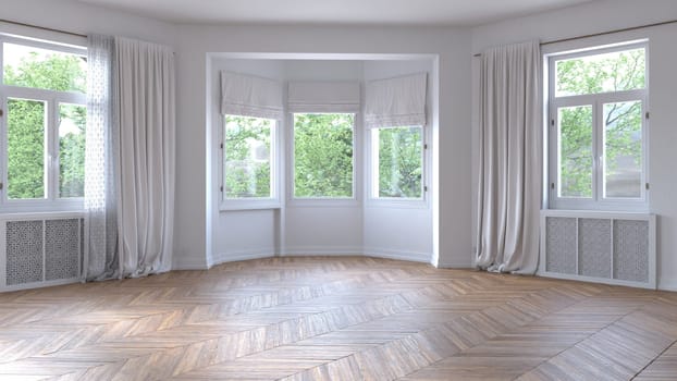 Empty room with parquet floor. 3d render design