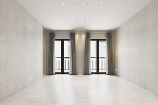 Interior of empty room with white walls, concrete floor and black door. 3d rendering