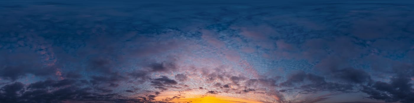 Bright sunset sky panorama with Cirrus clouds. Seamless hdr spherical equirectangular 360 panorama. Sky dome or zenith for 3D visualization, game and sky replacement for aerial drone 360 panoramas.