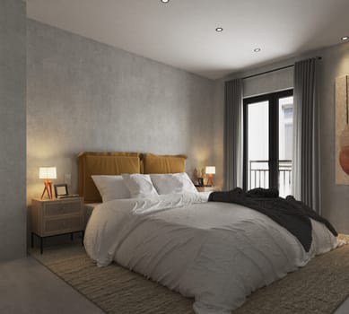 3d rendering of bedroom interior in modern style with concrete wall.