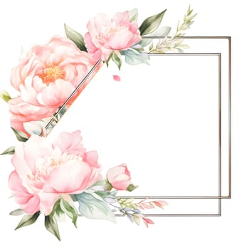 An artistic square frame with pink rose petals and green leaves on a white background, showcasing creative flower arranging skills in a beautiful floral composition