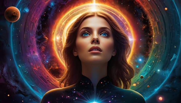 Woman amidst vibrant cosmic scenery, planets orbiting nearby. Represents intersection of humanity and infinite universe. Ideal for themes of exploration, mystery
