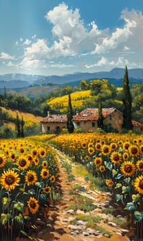 A vibrant painting featuring a field of sunflowers with charming houses in the background against a backdrop of a clear blue sky and fluffy white clouds, enhancing the natural beauty of the landscape