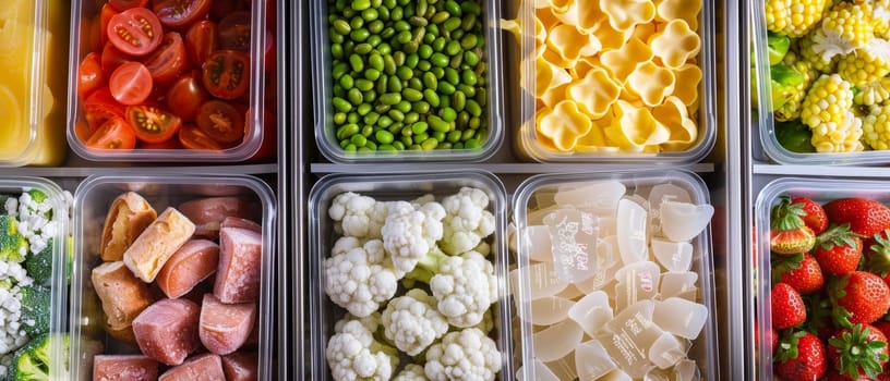 A top view of various raw ingredients neatly arranged in transparent containers, ideal for meal prep and dietary planning