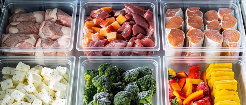 Wide-angle shot showing a variety of raw meats and fresh vegetables in clear plastic containers, perfect for diverse culinary uses