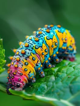 A mesmerizing caterpillar coils upon itself, its vibrant colors and intricate patterns creating a captivating natural display