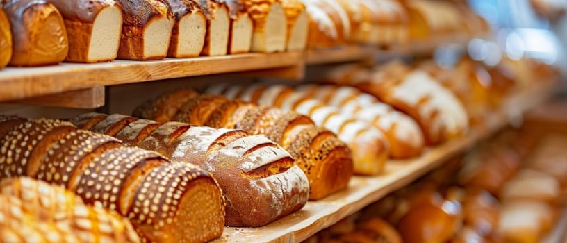 Wooden shelves in a bakery filled with an array of freshly baked breads, from sliced loaves to rustic rounds