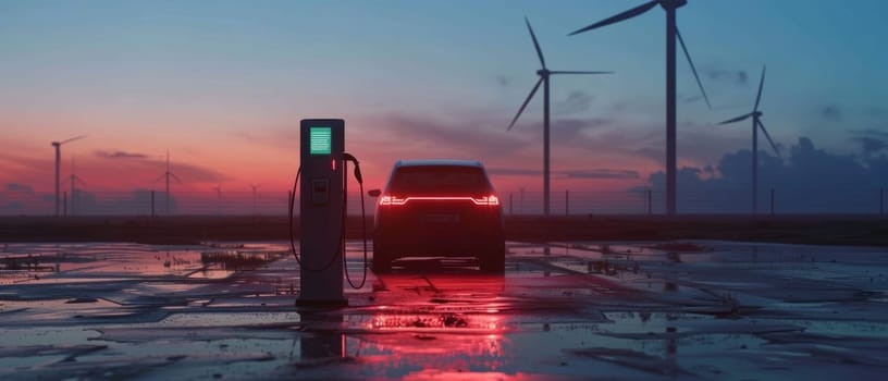 A solitary electric vehicle charges at a sleek station, highlighted by the ambient glow of a vibrant sunset with distant wind turbines silhouetted against the colorful sky