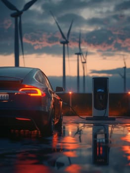 Electric car connected to charger with glowing taillights as twilight sky and wind turbines provide a sustainable backdrop