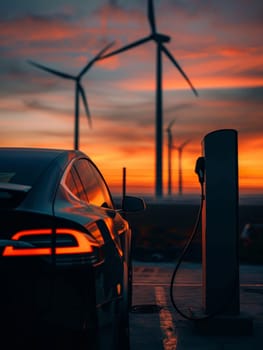 An eco-friendly electric car charges against a backdrop of wind turbines and a stunning sunset sky