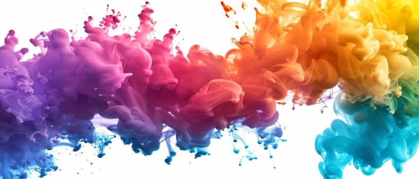 A panoramic display of ink clouds exploding in a wide spectrum of colors against a white backdrop, symbolizing diversity and energy