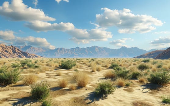 A serene desert landscape, with golden sands, green shrubs, majestic mountains in the background, and a sky filled with fluffy clouds