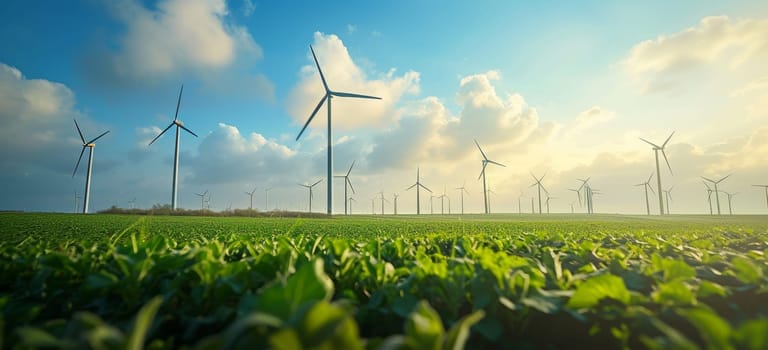 Wind turbines on green rolling hills under a cloudy sky, showcasing natural beauty and renewable energy