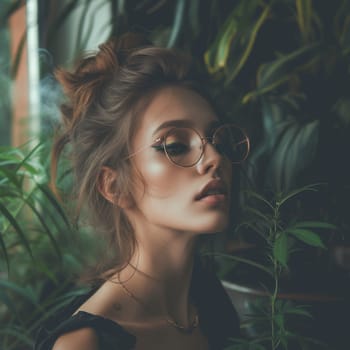 Portrait of a beautiful young woman, peacefully tending to her thriving marijuana plants in a serene, natural setting