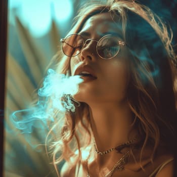 Portrait of a stylish young woman with glasses, elegantly blowing smoke in a moody atmosphere