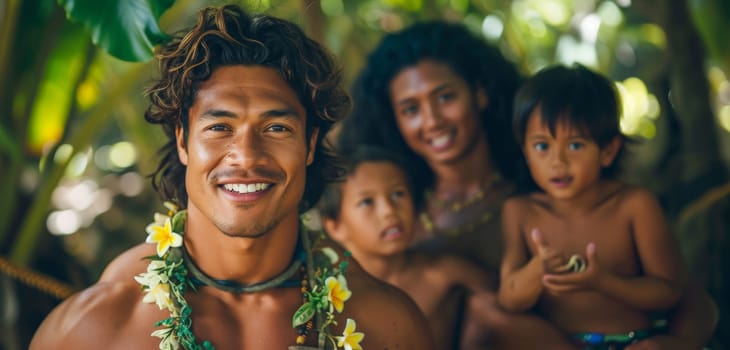 Authentic portrait of a bare-chested Tahitian man, with his family, showcasing their strong bond and rich cultural heritage