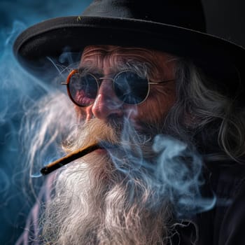 Portrait of a wrinkled, bearded elderly man in glass and hat, shrouded in smoke from the cigarette in his mouth