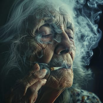 An elderly woman's wrinkled face, shrouded in smoke from the cigarette in her mouth, tells a story of a lifetime
