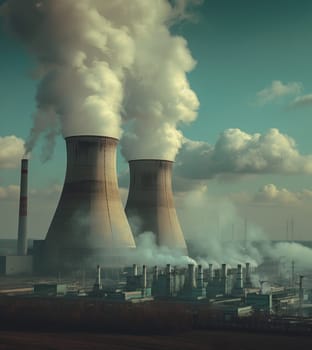 Smoke billows from the cooling towers of a nuclear power plant, a stark symbol of industrial energy production and its environmental impact