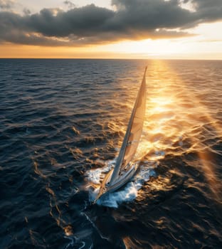 A sailboat glides on the ocean, illuminated by a golden sunset, casting a warm glow and serene atmosphere