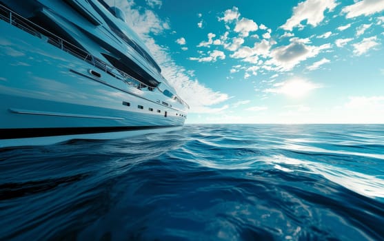 Luxury yacht sailing on the calm blue ocean under a sky with fluffy clouds and bright sunlight
