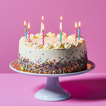 A colorful birthday cake with lit candles, creamy frosting, and sprinkles on a pink background