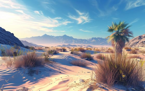 A serene desert landscape with golden sands, scattered vegetation, and distant mountains under a clear blue sky