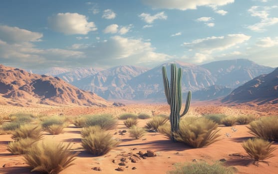 A serene desert landscape, with a prominent cactus, surrounded by shrubs under a blue sky with fluffy clouds