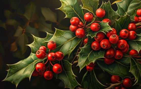 Close-up of vibrant red holly berries and sharp green leaves, a classic symbol of the winter season