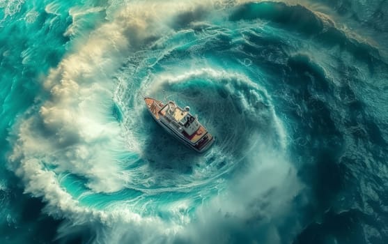 A ship amidst a dramatic whirlpool, showcasing the powerful dance of nature and machine in turquoise waters