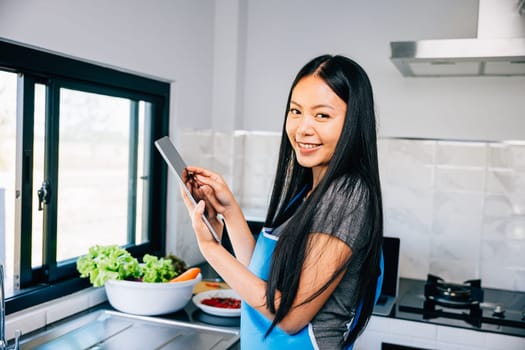 In her bright kitchen a smiling Asian woman happily uses a tablet while cooking illustrating the seamless blend of technology cooking and domestic enjoyment.