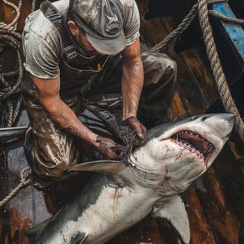 A fisherman caught a large shark on a turbulent sea, showcasing the raw, intense nature of deep-sea fishing