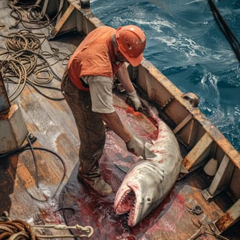 Seafood Harvest: Worker Cutting Up a Toothy Fish on a Ship Deck