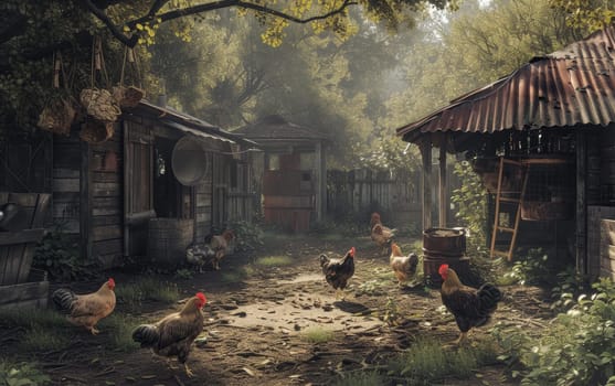 Chickens roam freely near their coop, enjoying the tranquility of the countryside