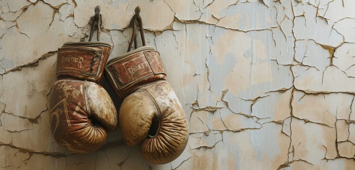 Old, worn-out boxing gloves hang from a nail on a cracked wall, symbolizing the enduring spirit of the sport