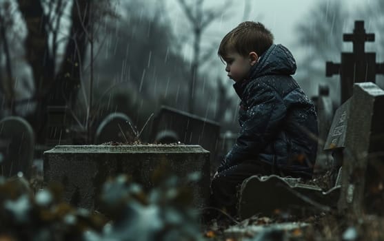 An emotional scene of a sad child sitting alone by a grave in a cemetery, mourning under the pouring rain