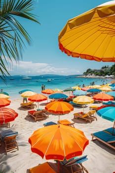 The beach is filled with colorful umbrellas and chairs, offering shade to people enjoying the azure sky and sparkling water in this natural environment