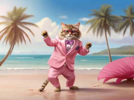 A glamorous cat in a pink suit, hat and sunglasses dances on the beach by the sea. illustration with cartoon cheerful cat on the beach.