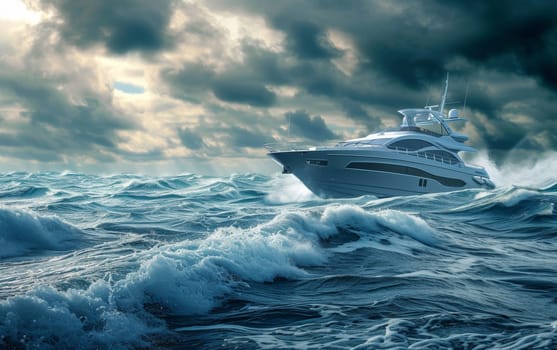 A luxury yacht braves turbulent seas, showcasing the vessel's elegance amidst nature's powerful waves and dramatic skies