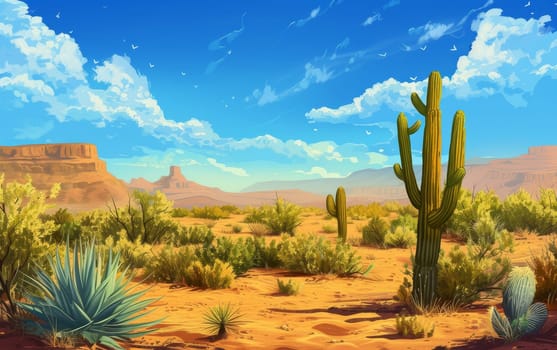 Vibrant desert landscape with towering red rock formations, cacti, and a clear blue sky with wispy clouds