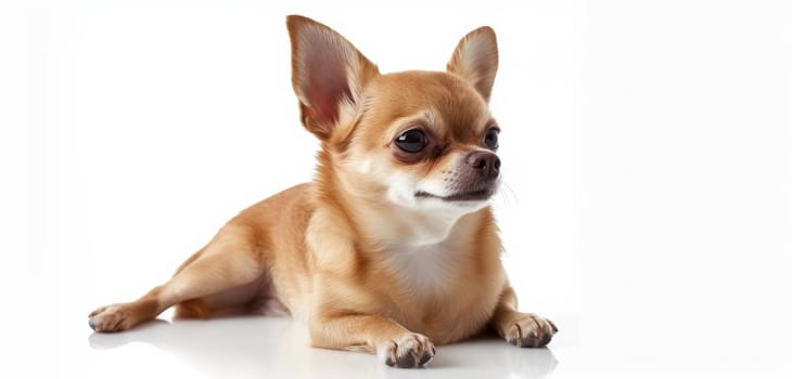 Cute Chihuahua puppy with big ears and brown fur, laying down, isolated on a white background