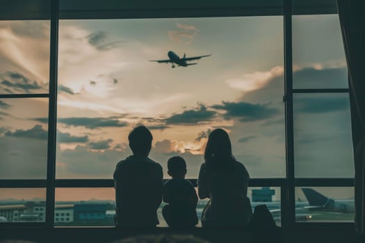 Family travel trip concept, Happy family waiting at airport, Travel on vacation.