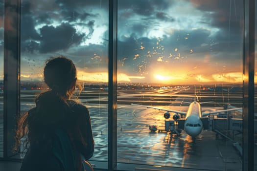 Family travel trip concept, Happy family waiting at airport, Travel on vacation.