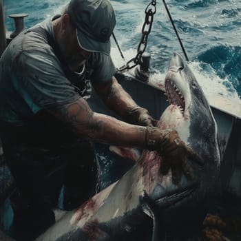 A worker skillfully cuts up a shark on the deck of a ship, showcasing the labor-intensive process of seafood harvest