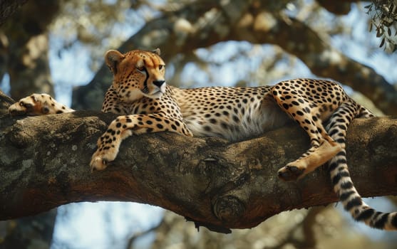 A majestic cheetah lounges on a tree branch, its spotted coat contrasting with the textured bark, under dappled sunlight