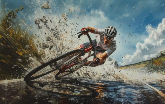 Dynamic image of a cyclist in action, splashing mud, amidst nature under a bright sky